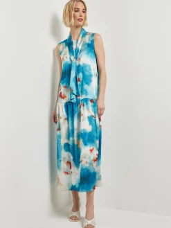 Dresses|Misook Watercolor Removable Shawl Collar Crepe Maxi Dress FrenchBlue/BasinBlue/StarAnise/Macadamia/RedSunset/NewIvory