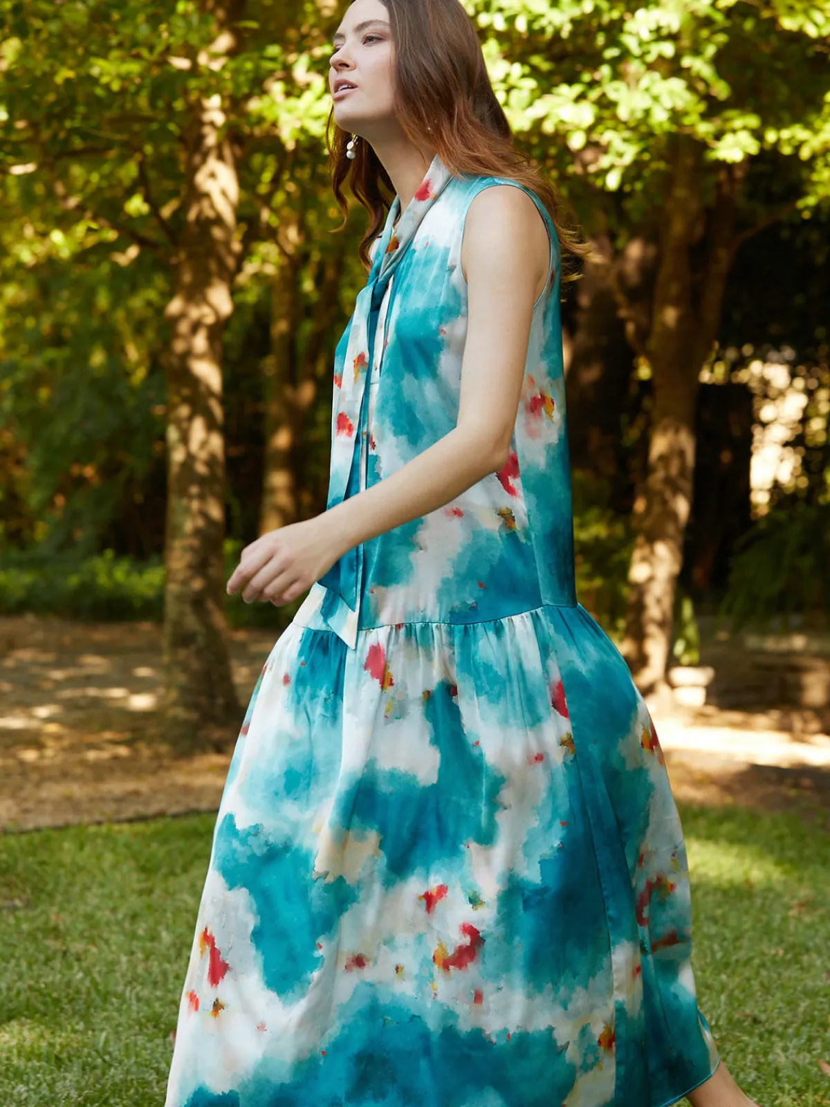 Dresses|Misook Watercolor Removable Shawl Collar Crepe Maxi Dress FrenchBlue/BasinBlue/StarAnise/Macadamia/RedSunset/NewIvory