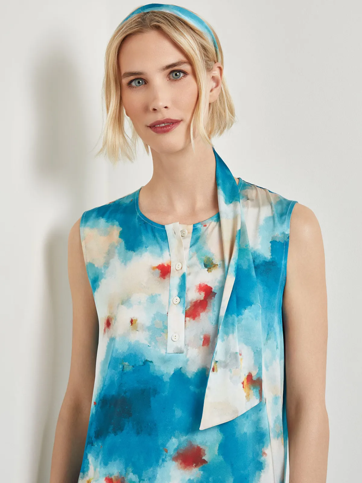 Dresses|Misook Watercolor Removable Shawl Collar Crepe Maxi Dress FrenchBlue/BasinBlue/StarAnise/Macadamia/RedSunset/NewIvory