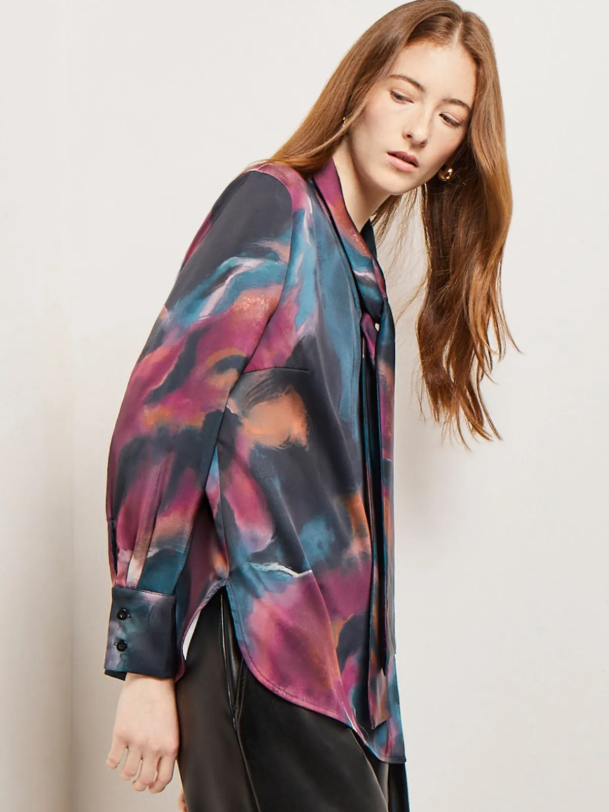 Blouses & Shirts|Tops & Tees|Misook Watercolor Tie Neck Crepe de Chine Blouse MarineTeal/AfricanViolet/Goldenwood/SoftMauve/NewIvory/Black