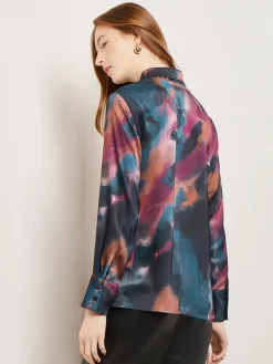 Blouses & Shirts|Tops & Tees|Misook Watercolor Tie Neck Crepe de Chine Blouse MarineTeal/AfricanViolet/Goldenwood/SoftMauve/NewIvory/Black