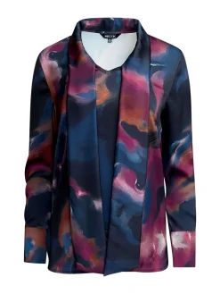 Blouses & Shirts|Tops & Tees|Misook Watercolor Tie Neck Crepe de Chine Blouse MarineTeal/AfricanViolet/Goldenwood/SoftMauve/NewIvory/Black
