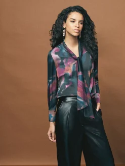 Blouses & Shirts|Tops & Tees|Misook Watercolor Tie Neck Crepe de Chine Blouse MarineTeal/AfricanViolet/Goldenwood/SoftMauve/NewIvory/Black
