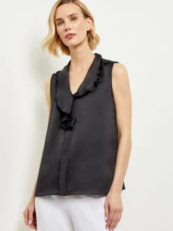 Blouses & Shirts|Tops & Tees|Misook Waterfall Ruffle Crepe de Chine Blouse Black