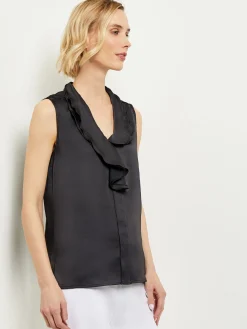 Blouses & Shirts|Tops & Tees|Misook Waterfall Ruffle Crepe de Chine Blouse Black