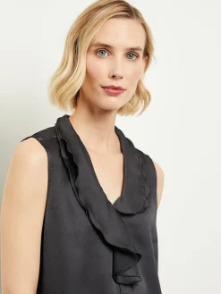 Blouses & Shirts|Tops & Tees|Misook Waterfall Ruffle Crepe de Chine Blouse Black