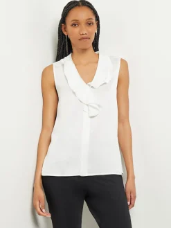 Blouses & Shirts|Tops & Tees|Misook Waterfall Ruffle Crepe de Chine Blouse White