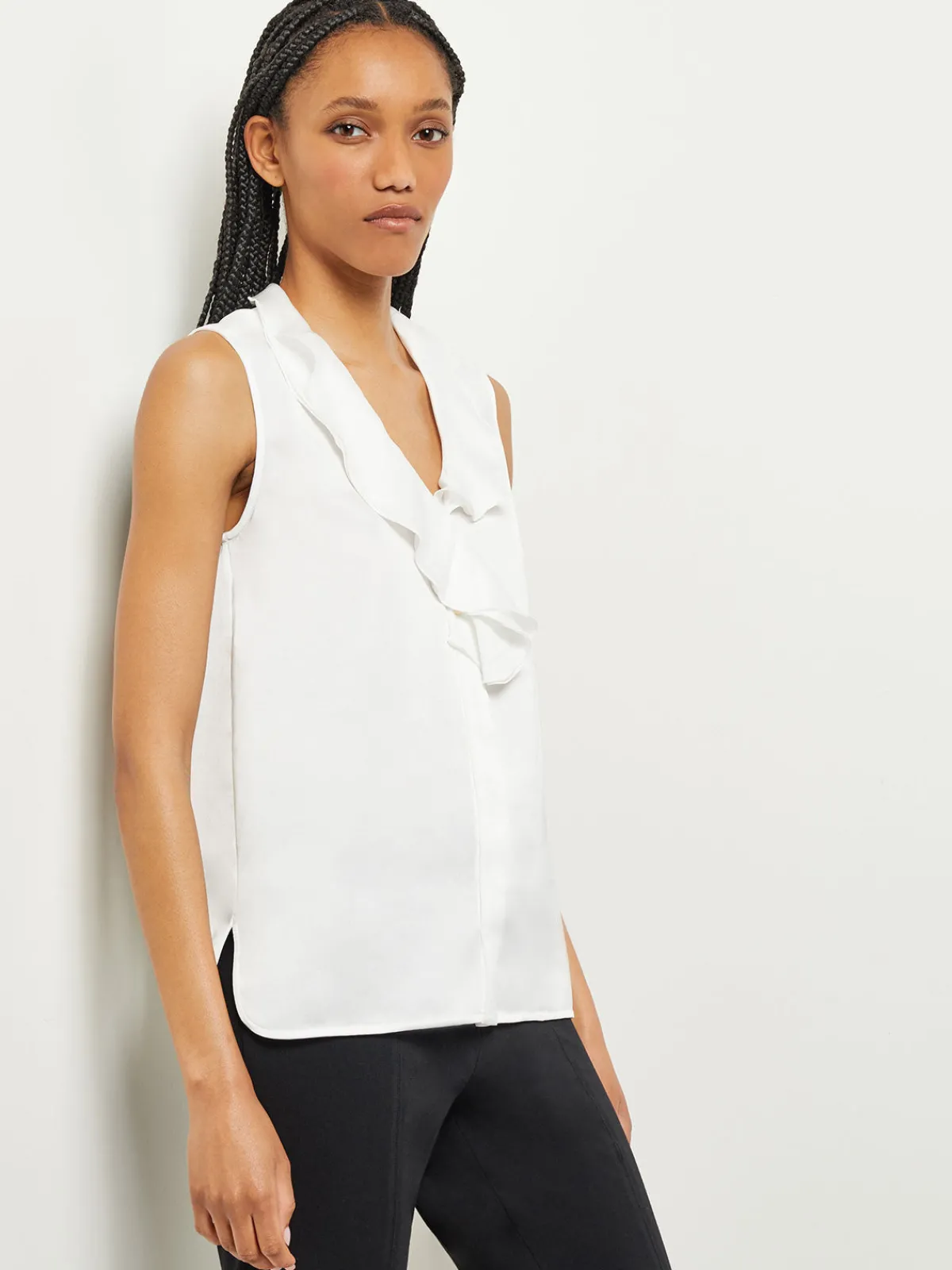 Blouses & Shirts|Tops & Tees|Misook Waterfall Ruffle Crepe de Chine Blouse White