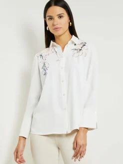 Blouses & Shirts|Tops & Tees|Misook White Floral Top - Crepe de Chine Blouse | White/RosePetal/Macchiato/LavenderField/Spruce/Biscotti