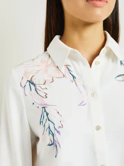 Blouses & Shirts|Tops & Tees|Misook White Floral Top - Crepe de Chine Blouse | White/RosePetal/Macchiato/LavenderField/Spruce/Biscotti